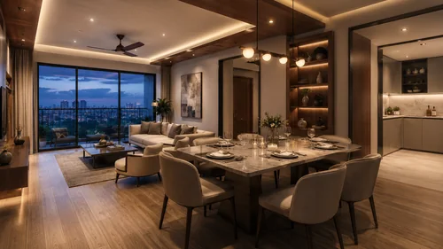 Prestige Park Street 3 BHK living-dining interior with full-height balcony